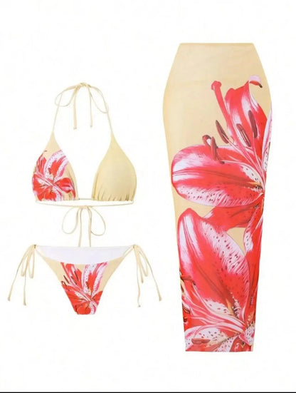 Costume da bagno a tre pezzi con stampa sexy Charms Lilies, set bikini in edizione limitata, attraente, sensuale, alla moda, abbigliamento femminile.