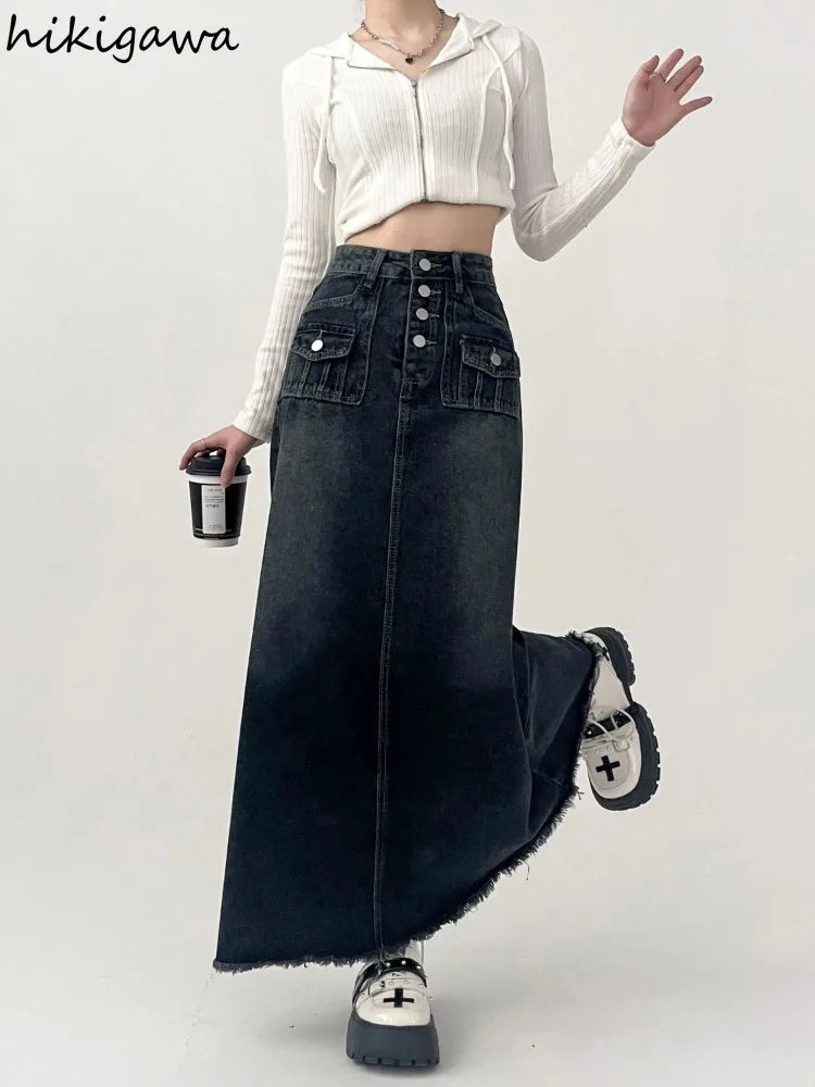 Streetwear Y2k Skirt for Women 2025 Ropa Mujer High Waist A-line Vintage Jupe Fashion Casual Korean Saia Long Denim Skirts 7n185