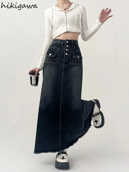 Streetwear Y2k Skirt for Women 2025 Ropa Mujer High Waist A-line Vintage Jupe Fashion Casual Korean Saia Long Denim Skirts 7n185