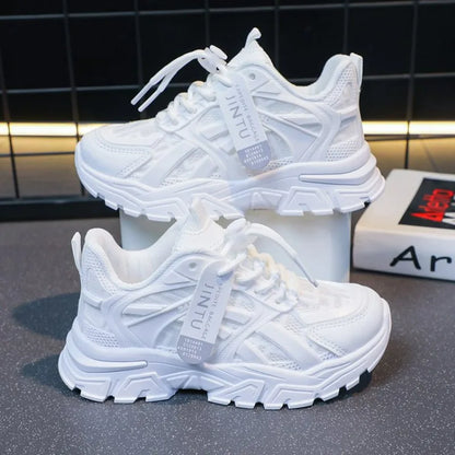 Scarpe casual per bambini, sneakers per bambini e bambine, scarpe bianche tinta unita, scarpe da corsa sportive traspiranti in mesh, sneakers chunky