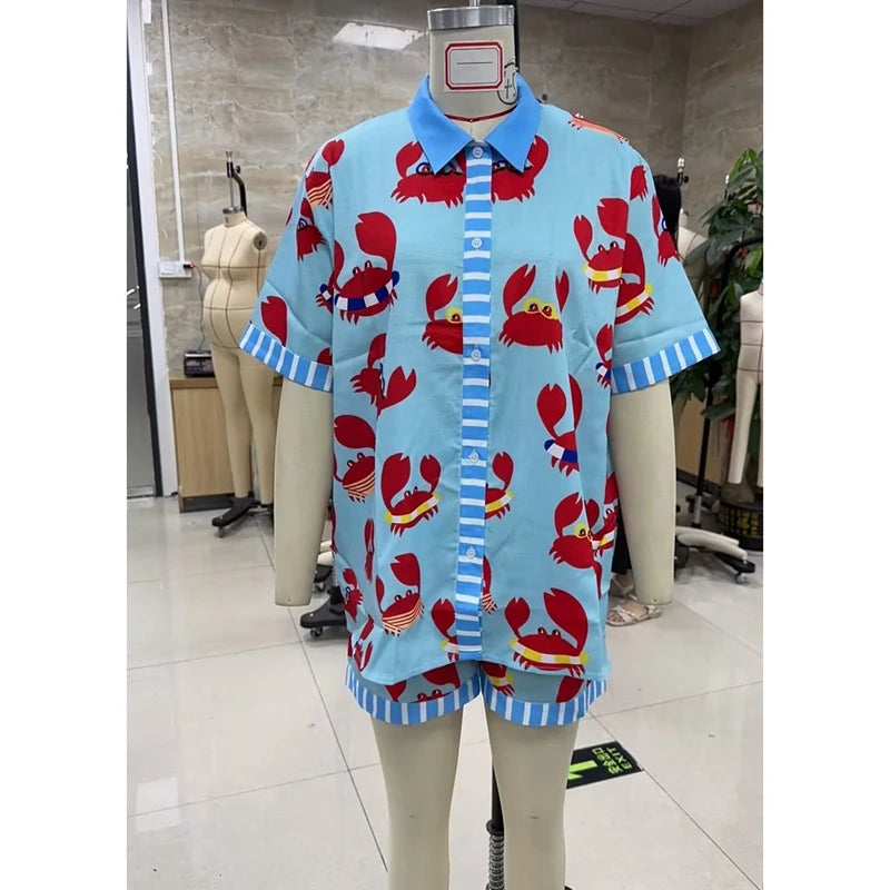Combhasaki Women 2 Piece Y2K Cute Striped Crab Print Outfits Set Short Sleeve Lapel Neck Shirt + Elastic High Waist Loose Shorts