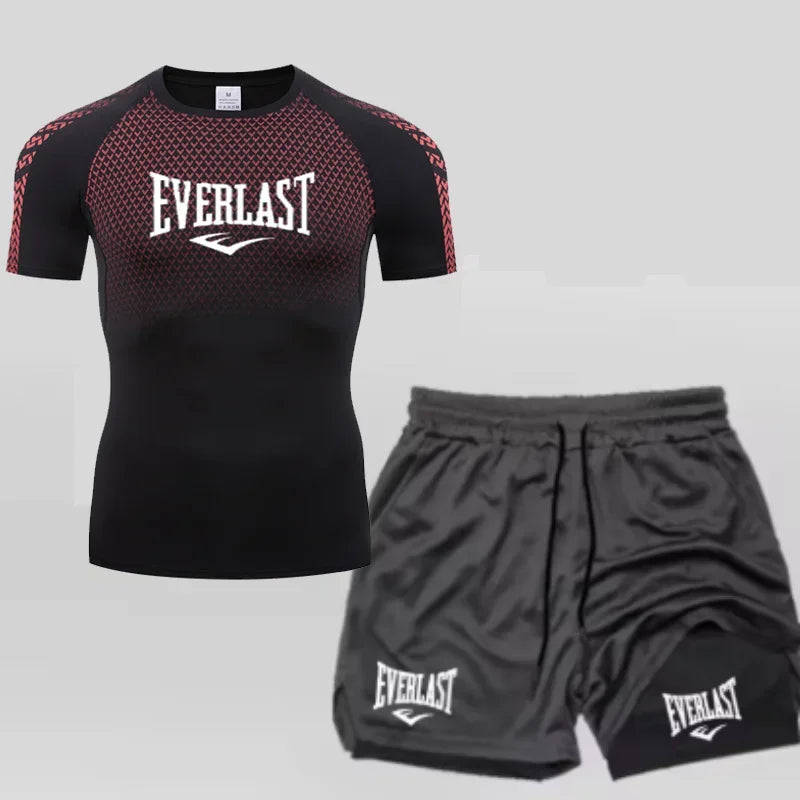 EVERLAST Maglietta a compressione da uomo + pantaloncini sportivi 2 in 1 Set 2 pezzi Tempo libero Traspirante Manica corta Sport Jogging Palestra Abbigliamento di marca Stampa