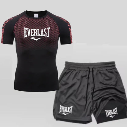EVERLAST Maglietta a compressione da uomo + pantaloncini sportivi 2 in 1 Set 2 pezzi Tempo libero Traspirante Manica corta Sport Jogging Palestra Abbigliamento di marca Stampa