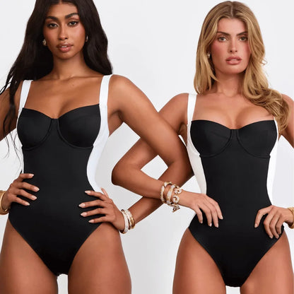 Costume da bagno intero modellante nero con effetto contenitivo per donna, stile boho, bikini, taglie forti, push-up, tinta unita.
