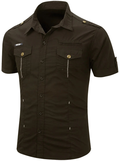 Camicia tattica militare estiva da uomo casual 100% cotone 2025, a maniche corte, tinta unita, con tasca