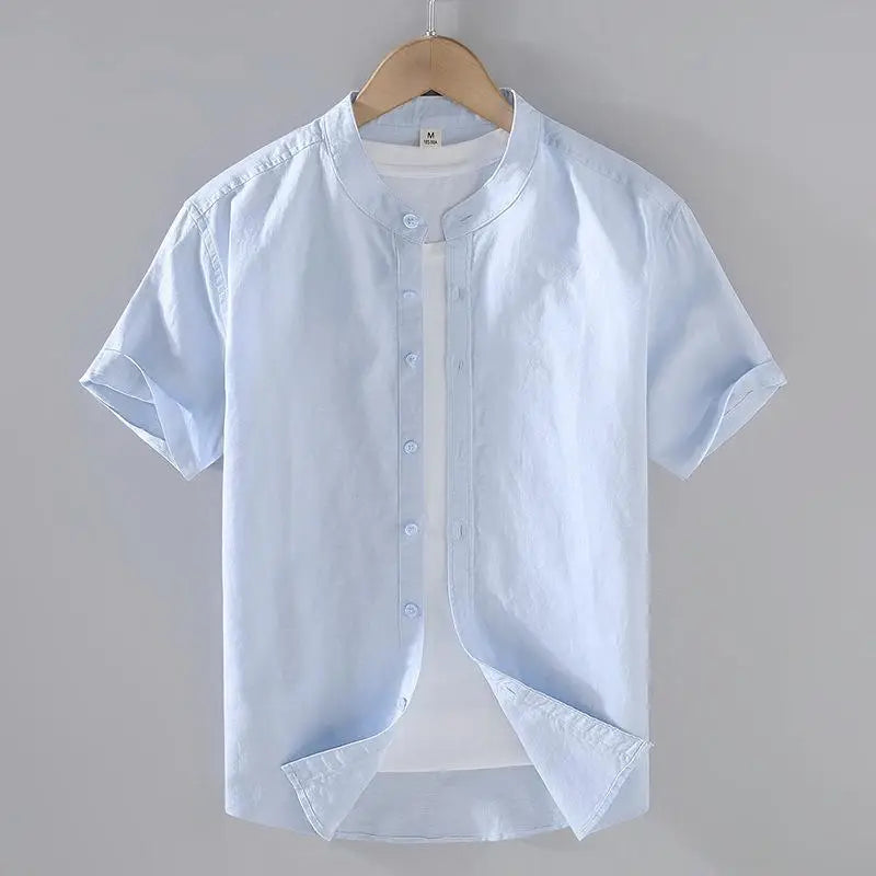 Camicia da uomo in cotone e lino a maniche corte, estiva, stile streetwear, tinta unita, collo alto, casual, stile spiaggia, taglie forti dalla M alla 3XL