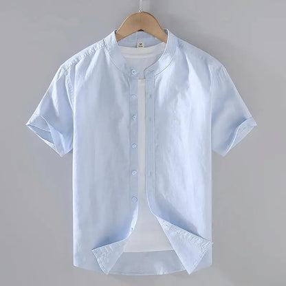 Camicia da uomo in cotone e lino a maniche corte, estiva, stile streetwear, tinta unita, collo alto, casual, stile spiaggia, taglie forti dalla M alla 3XL