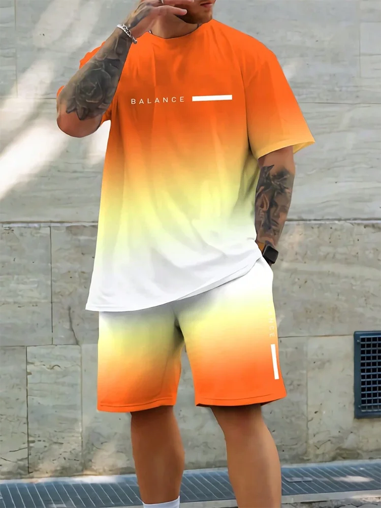 Completo estivo casual da uomo composto da 2 pezzi: pantaloncini a maniche corte con stampa hawaiana, t-shirt da uomo e pantaloncini da spiaggia per sport all'aria aperta.