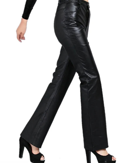Pantaloni da donna in pelle, vita media, svasati, vera pelle di pecora, pantaloni da ufficio, taglie forti, pantaloni casual in pelle, primavera e autunno