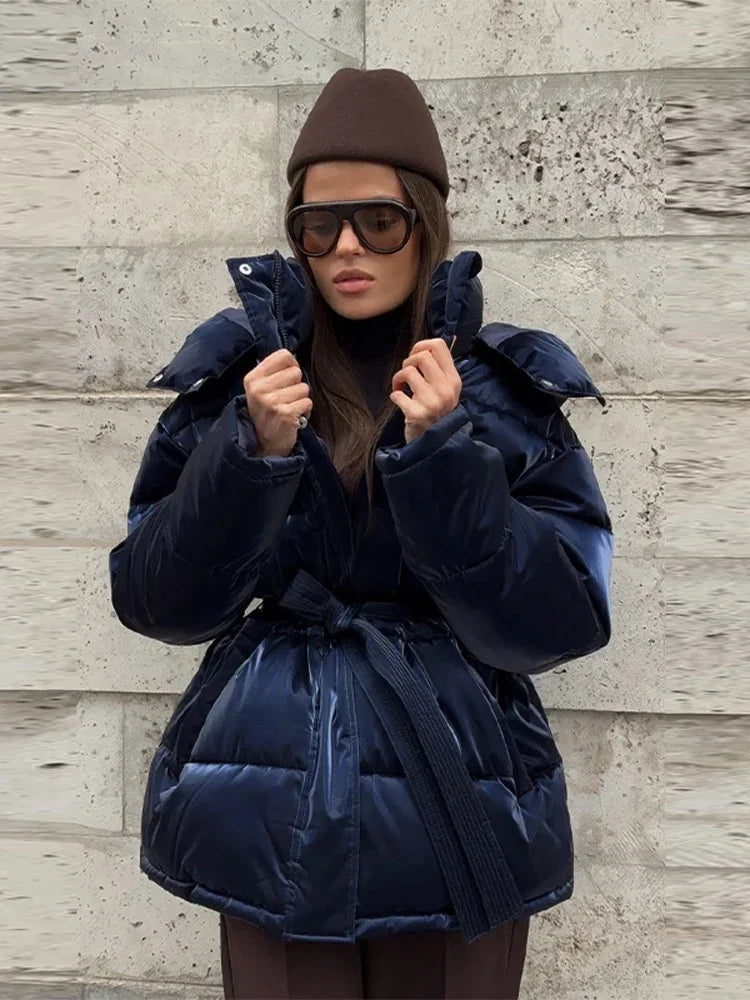 2026 Winter Shiny Hooded Cotton Jacket With Belt Women Elegant Long Sleeve Zipper Lace Up Coats Lady Y2K Street Warm Outerwear