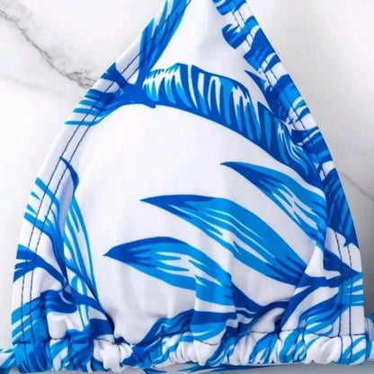 Conservative Leaf Print Bikini Three Piece Set Waist Cinching String Sports Style Beach Swimsuit High Elasticity Polyester