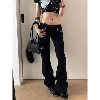ZHIZOU Jeans da donna a vita bassa, neri, svasati, in denim, stile Gyaru, retrò americano, coreano, cyberpunk, a tromba, jeans skinny a campana, stile Y2k