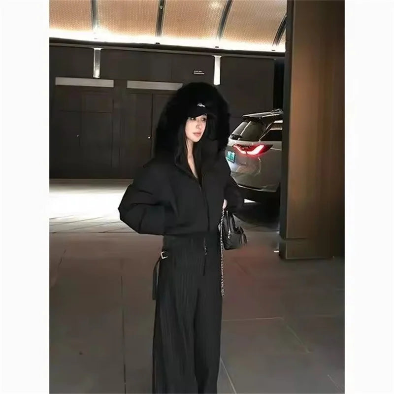 Simple Solid Short Parka Coat Fashion Winter Clothes Zipper Hooded Fur Collar Cotton Padded Coat Women Jacket Street