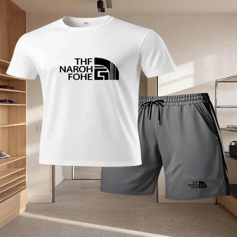 Completo estivo casual alla moda composto da t-shirt a maniche corte e pantaloncini, girocollo da uomo, completo sportivo traspirante a due pezzi a maniche corte