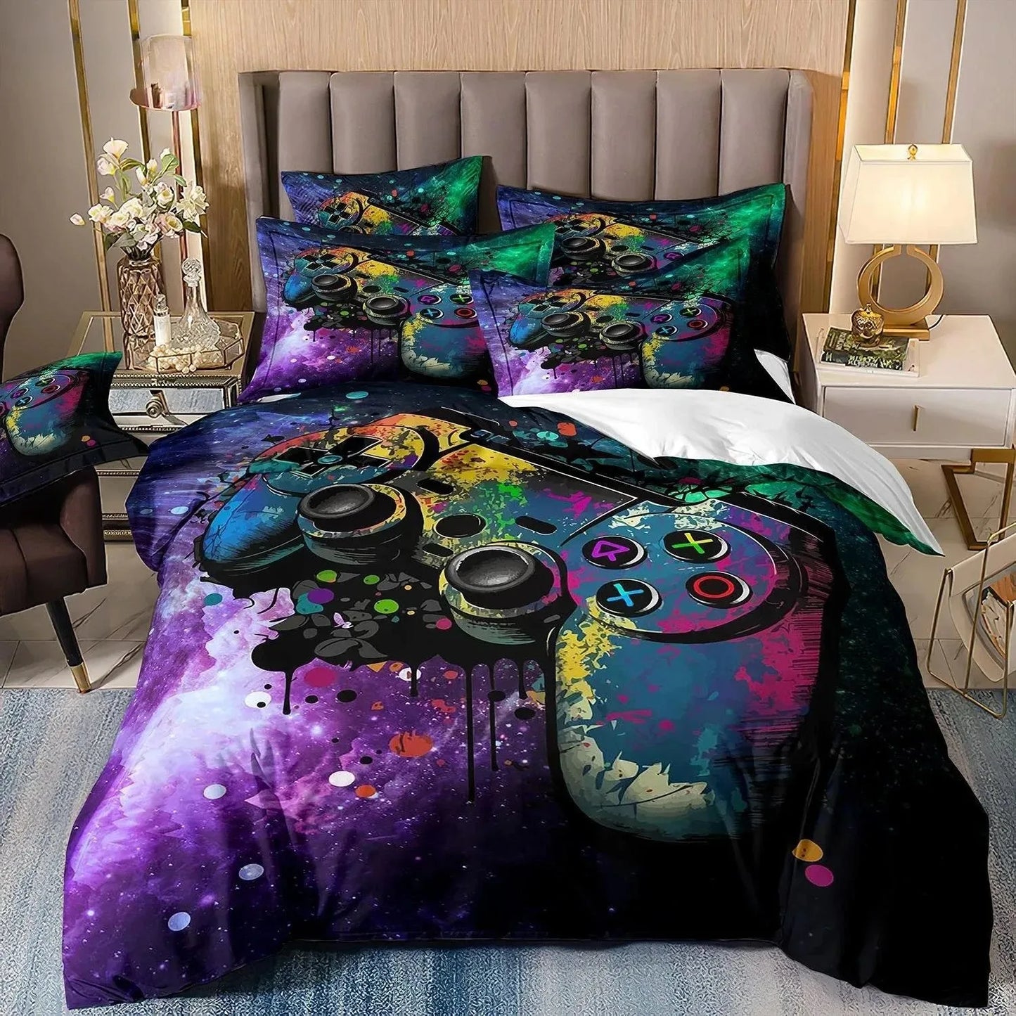Set di biancheria da letto per gamer per ragazzi, set copripiumino per videogiochi, copripiumino matrimoniale, set letto con design PlayStation per ragazzi e ragazze.