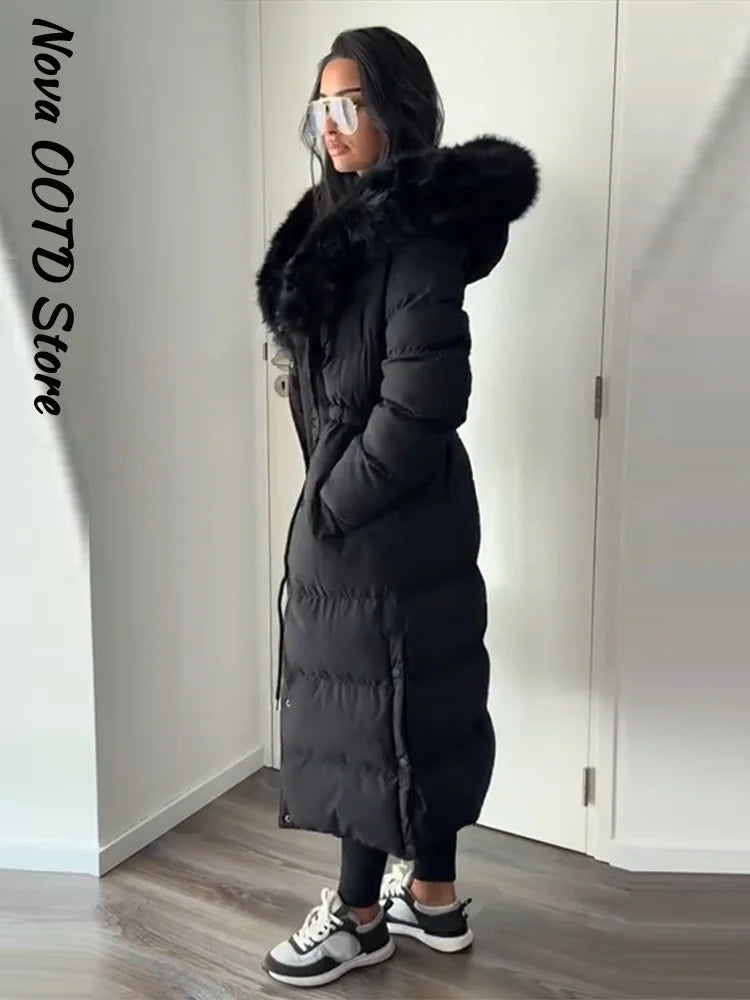 Elegant Fur Collar Hood Belt Long Cotton Jacket Women Zipper Drawstring Waist Parka Down Coat 2025 Winter Lady Warm Chic Outwear
