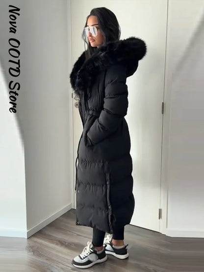 Elegant Fur Collar Hood Belt Long Cotton Jacket Women Zipper Drawstring Waist Parka Down Coat 2025 Winter Lady Warm Chic Outwear