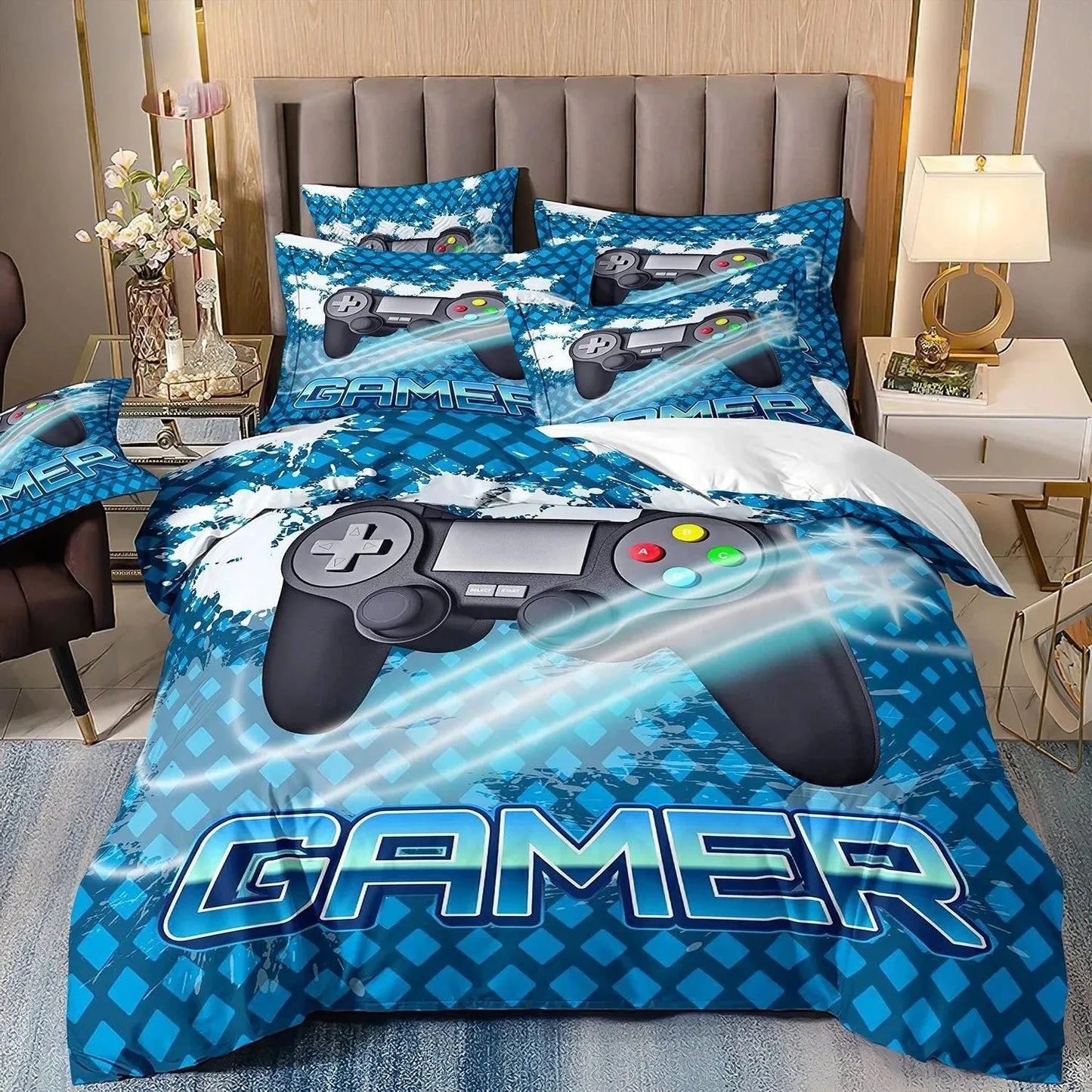 Set di biancheria da letto per gamer per ragazzi, set copripiumino per videogiochi, copripiumino matrimoniale, set letto con design PlayStation per ragazzi e ragazze.