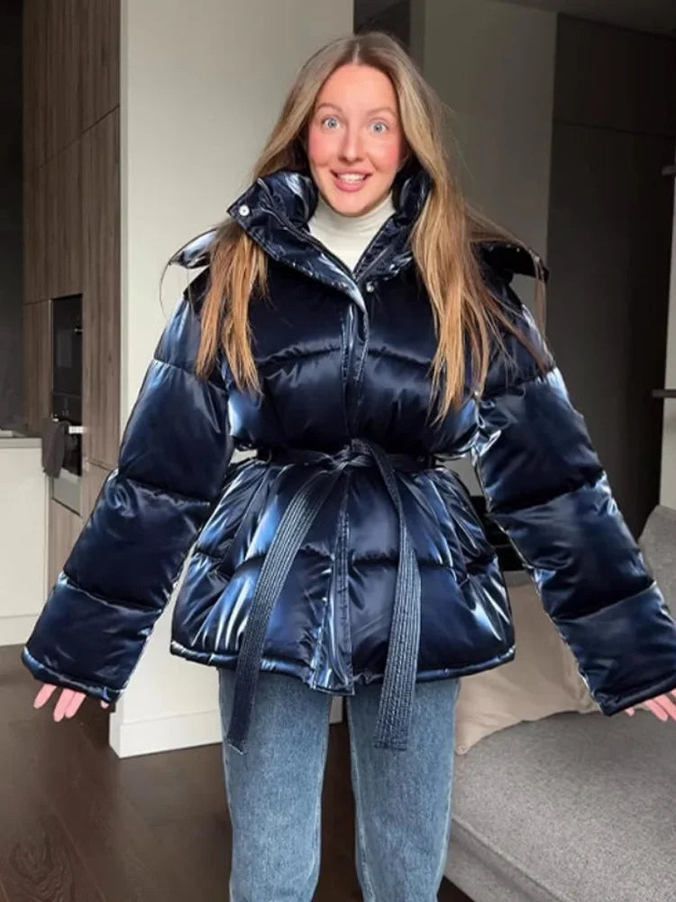 2026 Winter Shiny Hooded Cotton Jacket With Belt Women Elegant Long Sleeve Zipper Lace Up Coats Lady Y2K Street Warm Outerwear