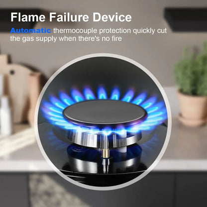 Piano cottura a gas da 60 cm con 4 fuochi, 8000 W, doppia alimentazione (gas naturale/propano), protezione automatica della fiamma, vetro temperato, installazione a incasso o a libera installazione, 220-240 V.