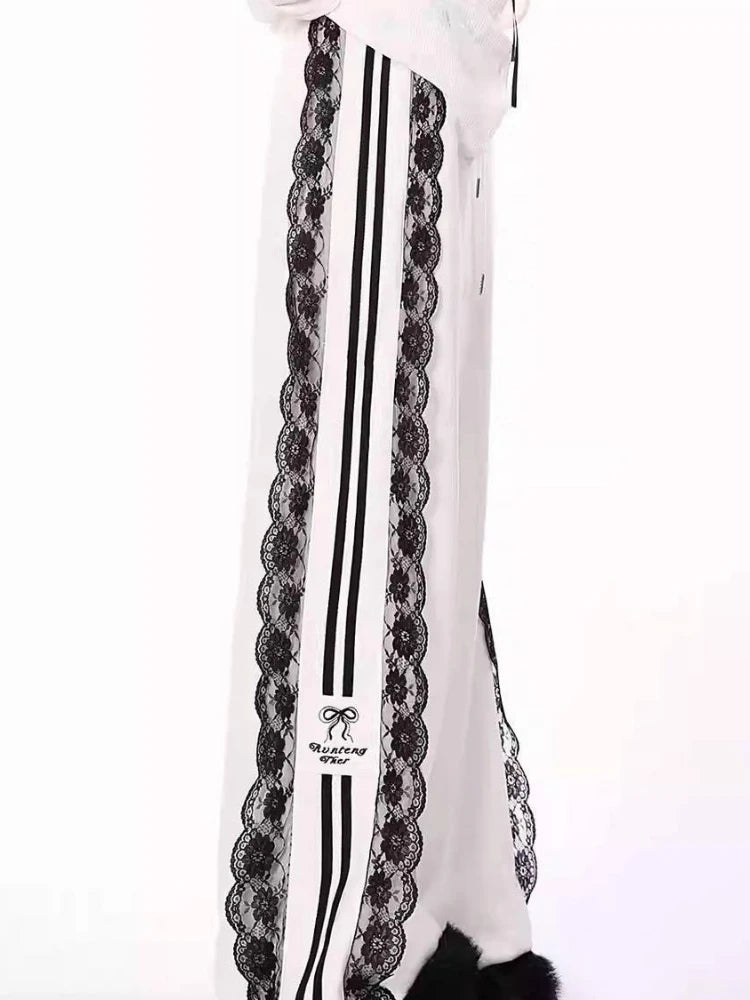 Pantaloni da jogging larghi coreani chic autunnali da donna con coulisse in pizzo patchwork Y2k, pantaloni da donna nuovi pantaloni casual alla moda