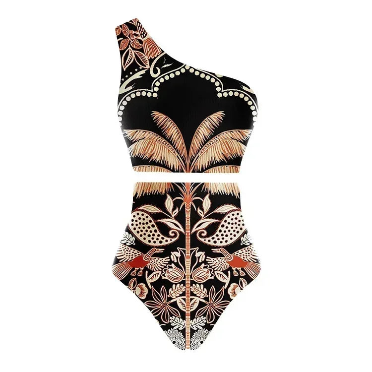 Sexy Bird Print Mesh High Waist Bikini 3 Pieces Sets Women Fashion Hollow Out One Pieces Swimwear 2024 New Beach Sarong Monokini