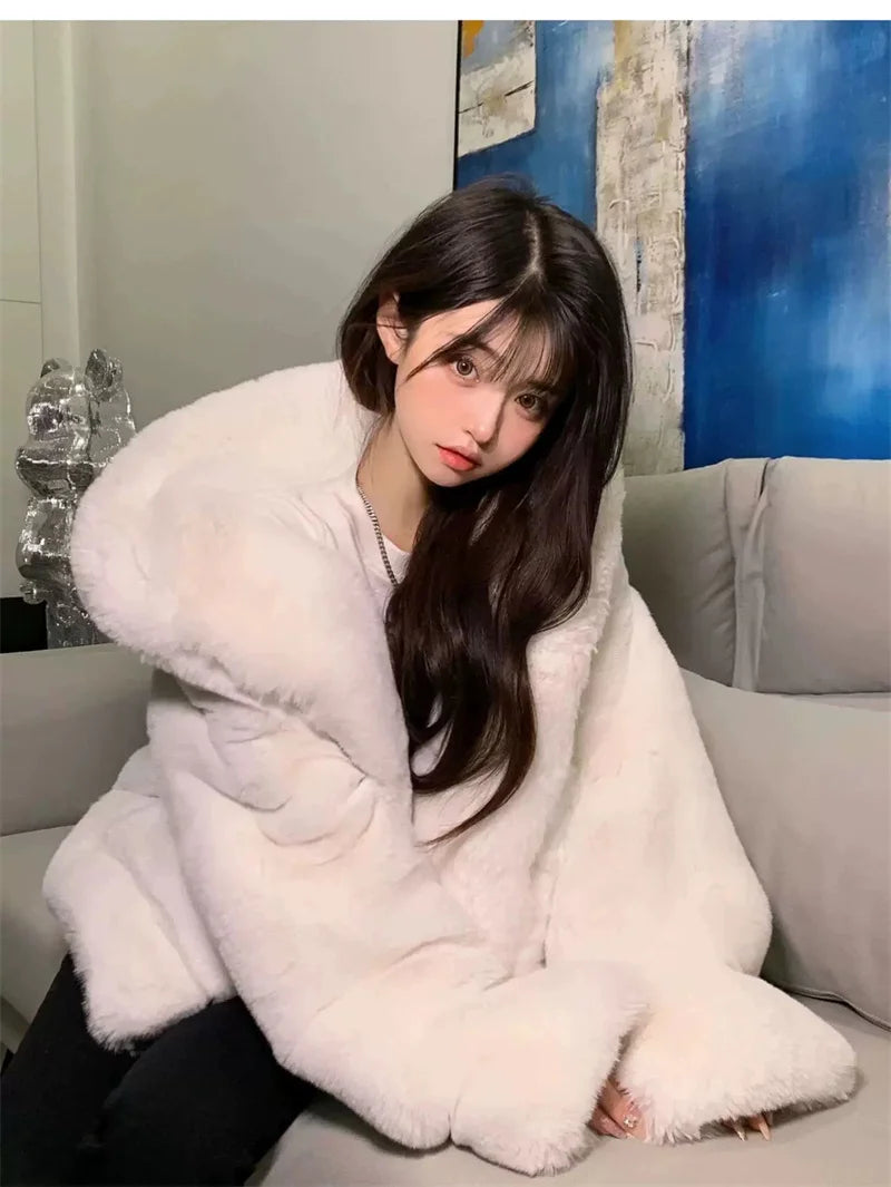 Korean Thickened Mink Velvet Coat Women Winter Clothes New Jacket Version Loose Imitation Rabbit Fur Plush Hooded Fur Coat