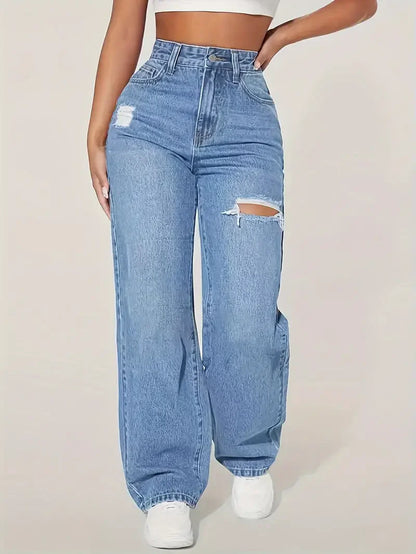 Jeans dritti a gamba larga effetto consumato alla moda per donna, pantaloni in denim casual elasticizzati a zampa d'elefante, bestseller, jeans da donna alla moda