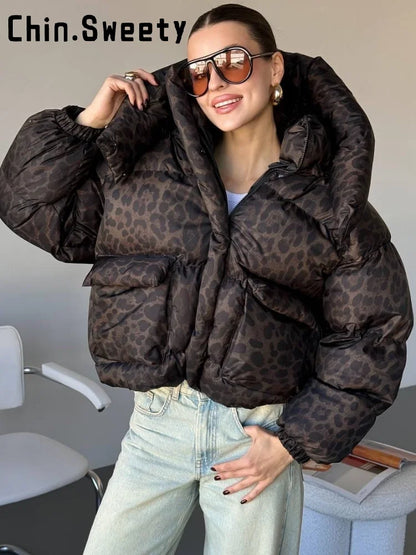 Casual Leopard Print Hooded Puffer Jacket Women Stand Collar Zipper Short Puffy Coat 2025 Winter Lady Street Warm Outerwears New