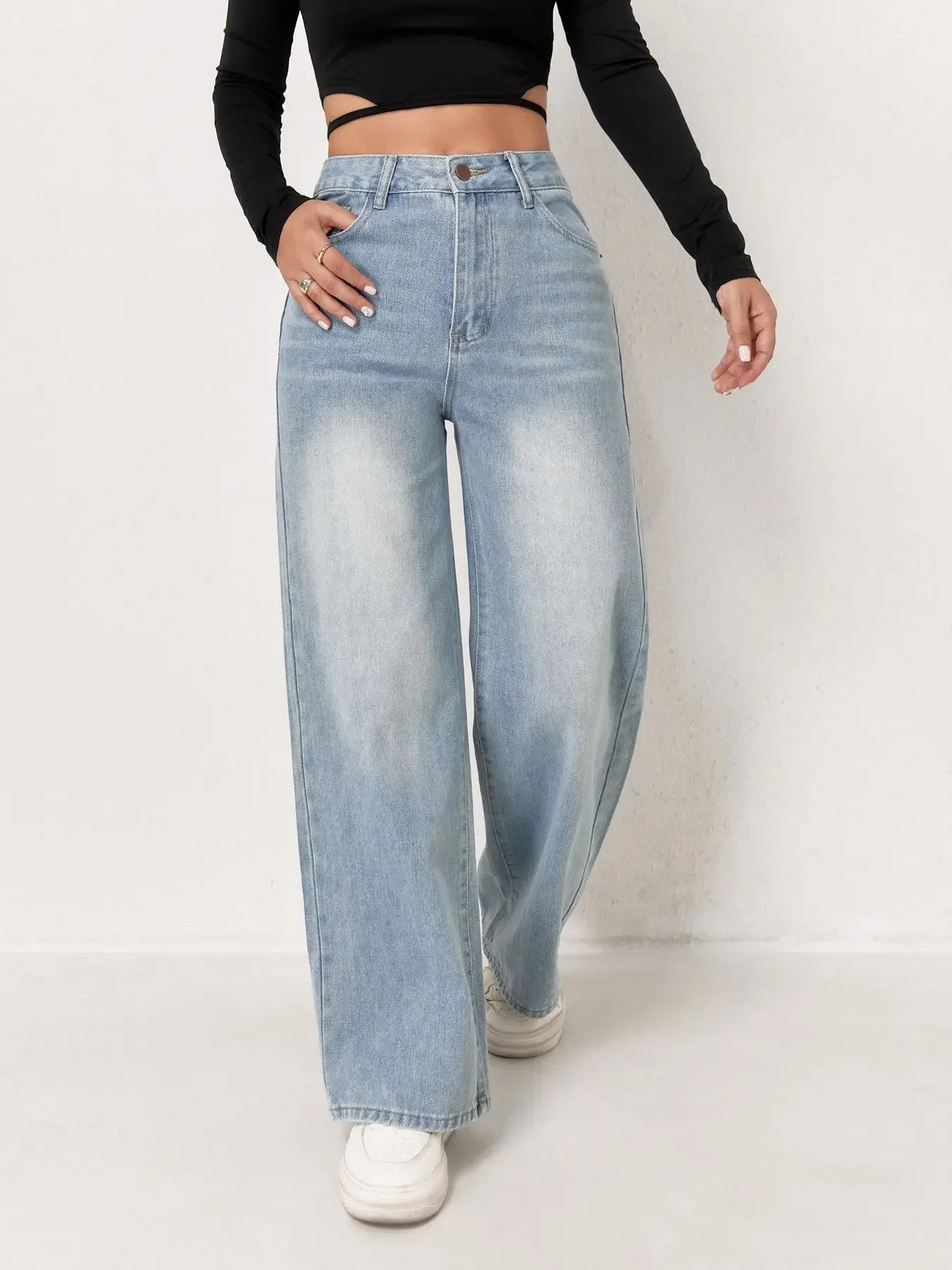 Trendy Wide Leg Distressed Straight Jeans for Women Elastic Casual Bootcut Denim Pants Bestseller Fashionable Ladies Jeans