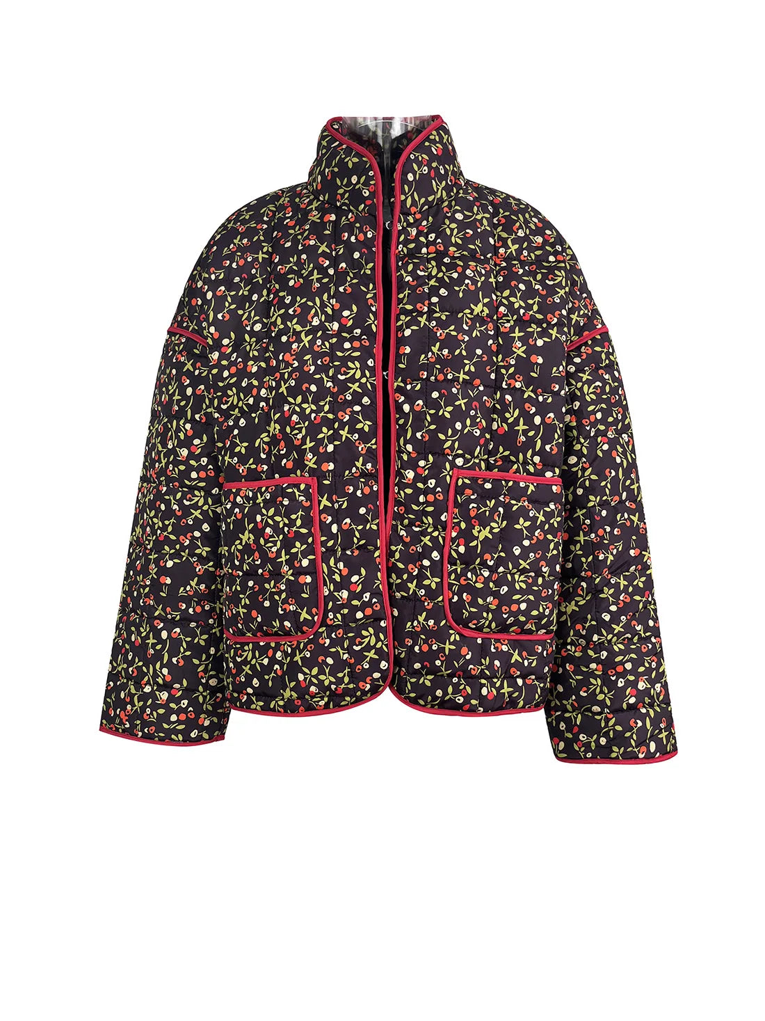 Vintage Floral Cotton Padded Jacket Trendy Pocket Splic Stand Neck Casual Winter Coats For Women 2024 New In Coats & Jackets