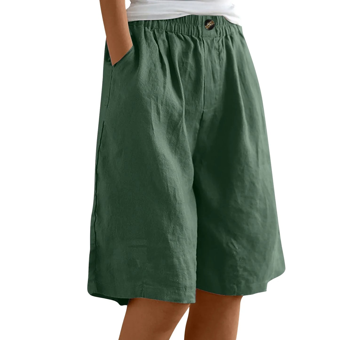 Female Fashion Solid Color Elastic High Waist Pocket Button Up Loose Cotton Linen Five Length Shorts Summer Soft Comfort Pants