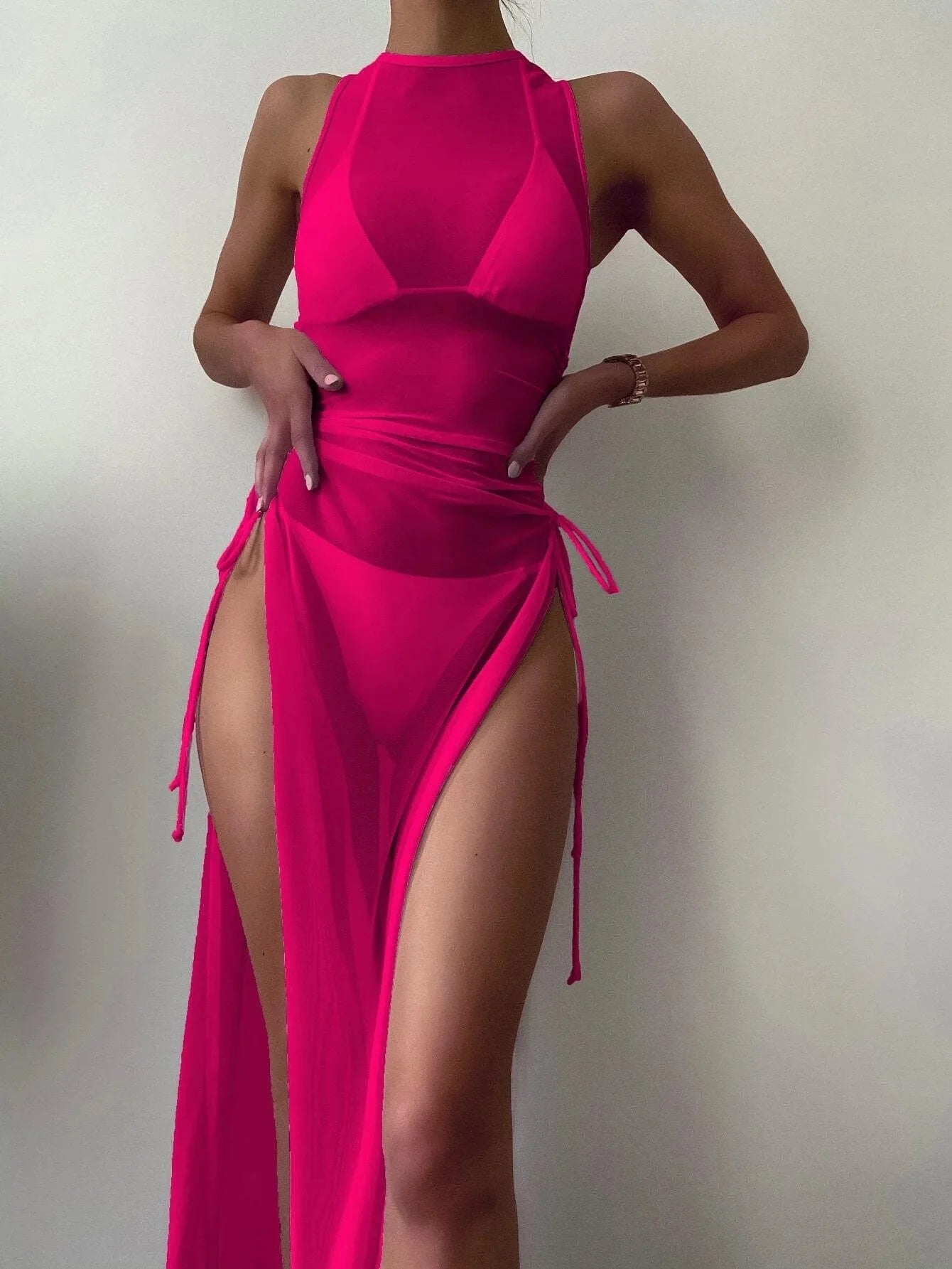 Women'S Bikini Set Solid Color Printing 3-Piece Set Beach Sexy Tight Low Waist Mesh Drawstring Split Style