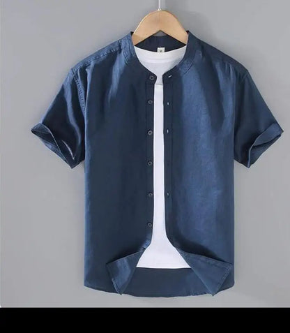 Camicia da uomo in cotone e lino a maniche corte, estiva, stile streetwear, tinta unita, collo alto, casual, stile spiaggia, taglie forti dalla M alla 3XL