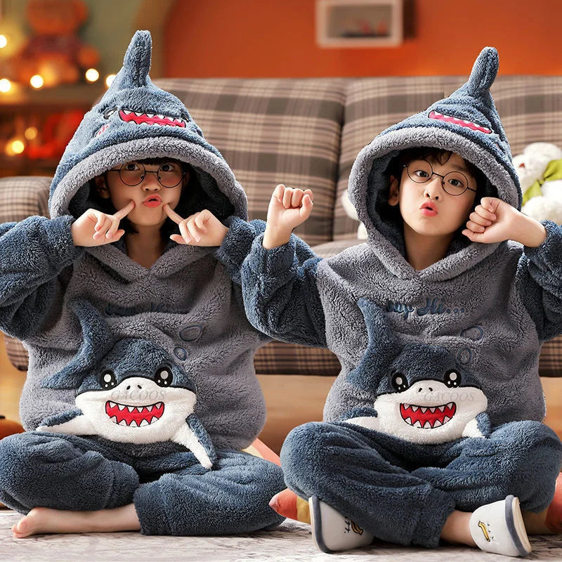 Pigiama invernale caldo per ragazzi con animali dei cartoni animati, set pigiama per bambini in pile di corallo, completo da casa in flanella con cappuccio, pigiama per ragazzi