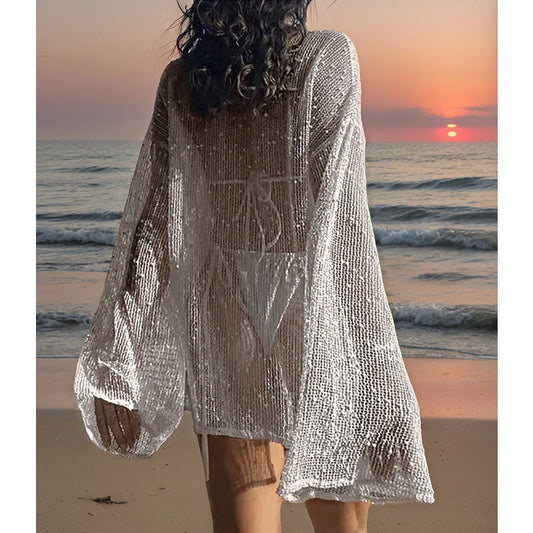 Pure Color Hollow Out Side Slit Top,Casual Loose Fit Long Sleeve Beach Cover-Up,Vacation Style,Plain Pattern,Fashion Beachwear