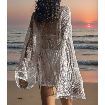 Top a tinta unita con spacchi laterali, copricostume da spiaggia casual a maniche lunghe e vestibilità ampia, stile vacanza, fantasia semplice, abbigliamento da spiaggia alla moda