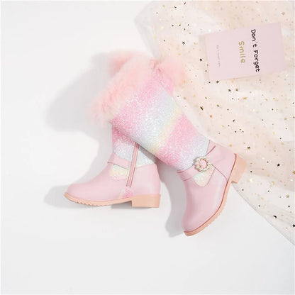 Nuovi stivali rosa da bambina per l'autunno/inverno 2023, modello principessa arcobaleno, lunghezza al ginocchio, con pelliccia sintetica.