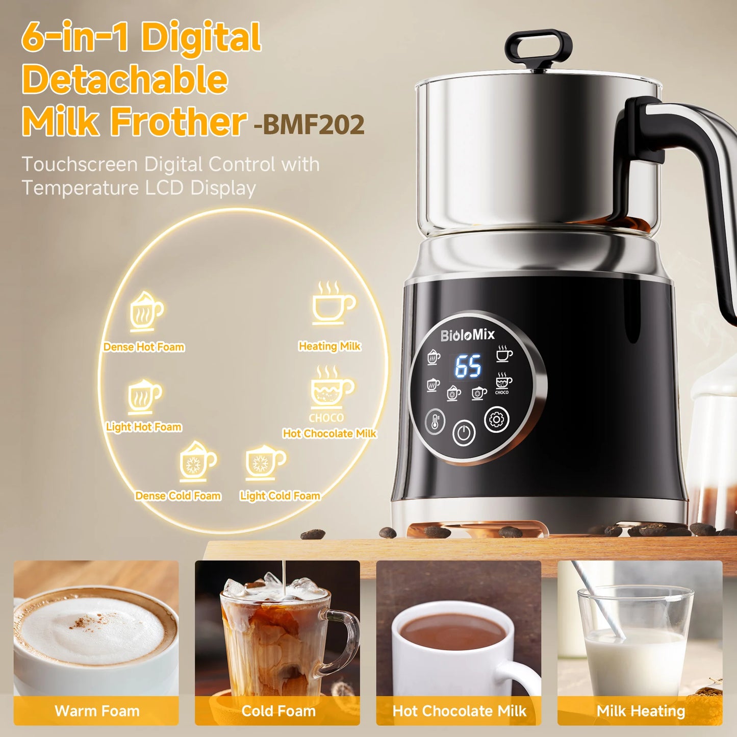 BioloMix 7 in 1 Steamer, montalatte elettrico staccabile, schiumatore automatico caldo/freddo per caffè e cioccolata calda, lavabile in lavastoviglie