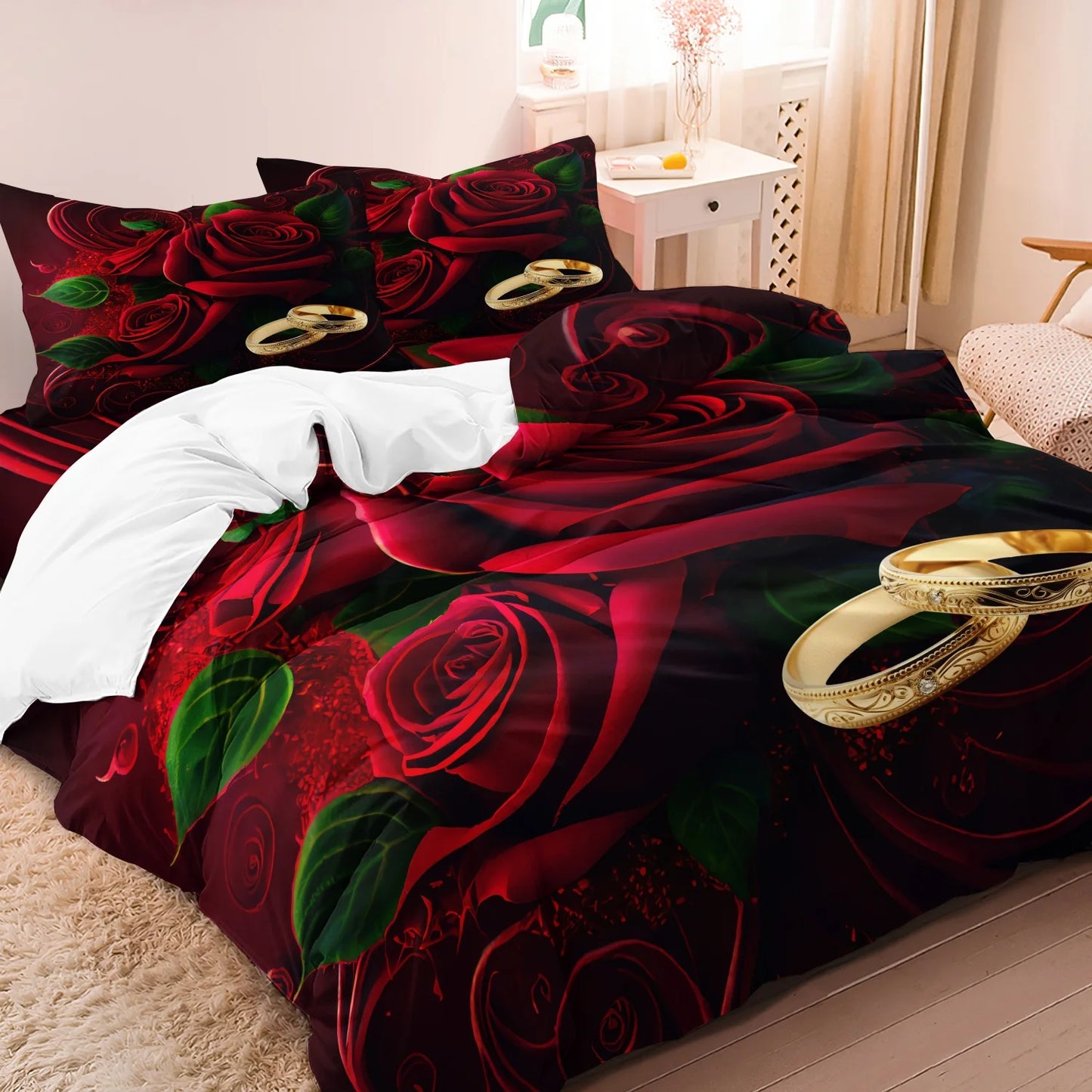Set copripiumino da 3 pezzi con motivo romantico di rose e lettere a tema amore per San Valentino, adatto per camera da letto e camera degli ospiti.
