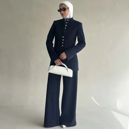 VTKW 2026 Nuovo arrivo da donna blu navy a righe con colletto alla coreana, blazer monopetto, tasche, pantaloni a gamba larga, set casual da ufficio
