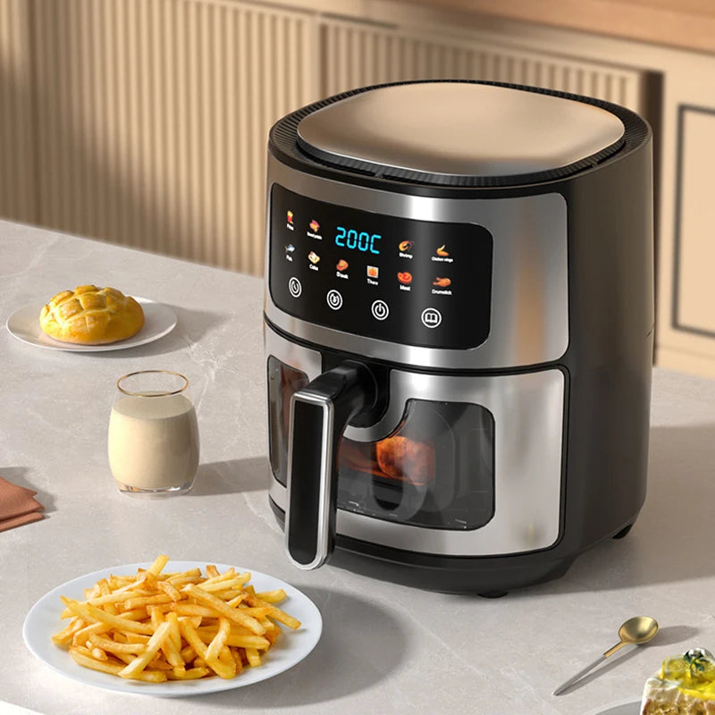 Friggitrice ad aria in acciaio inossidabile da 5 litri, elettrodomestico da cucina elettrico con display LCD e controllo touch screen, senza olio, per casa e hotel