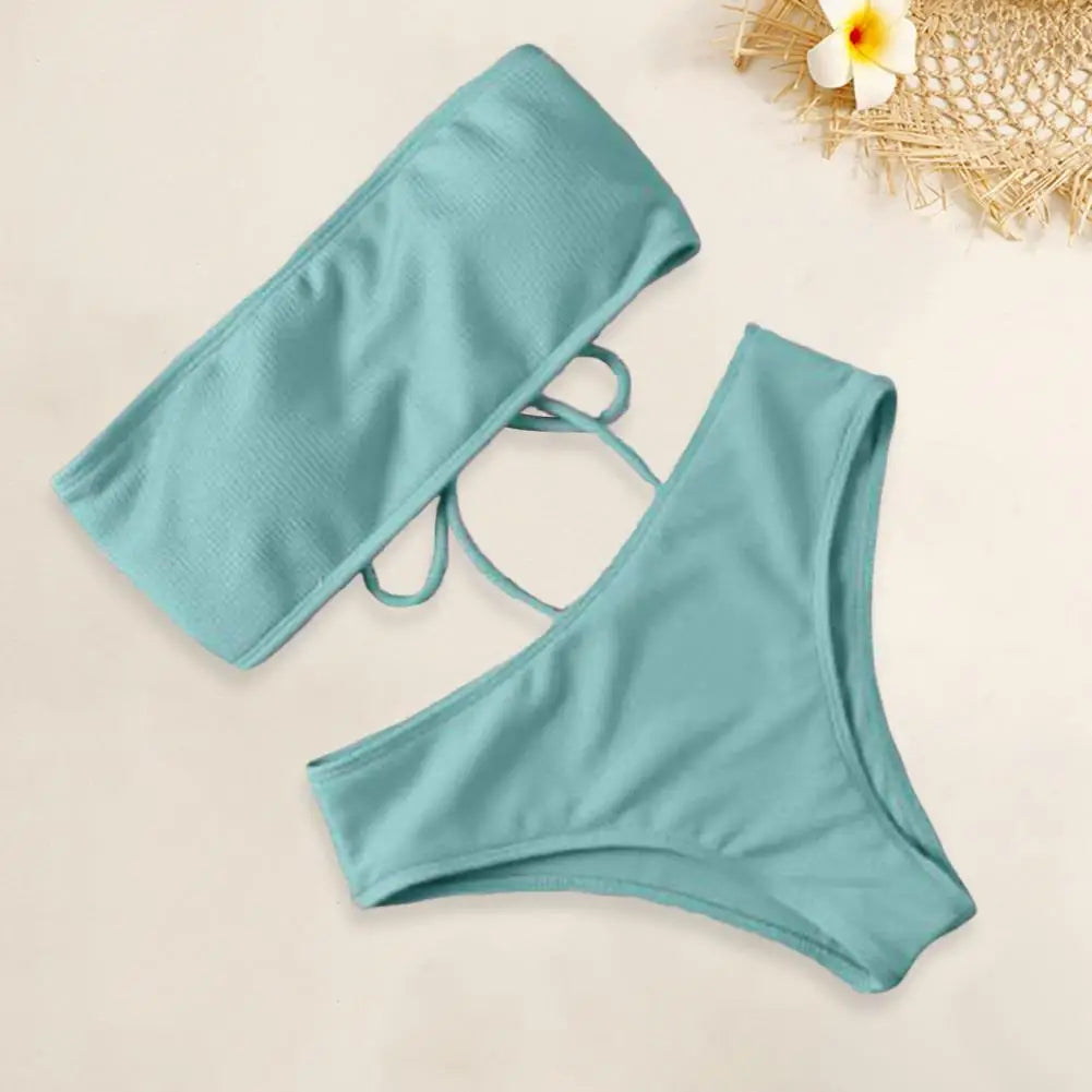 Costume da bagno da donna con imbottitura sul seno, senza ferretto, vita alta, due pezzi, fascia, slip da bagno, bikini diviso, abbigliamento da spiaggia 80%