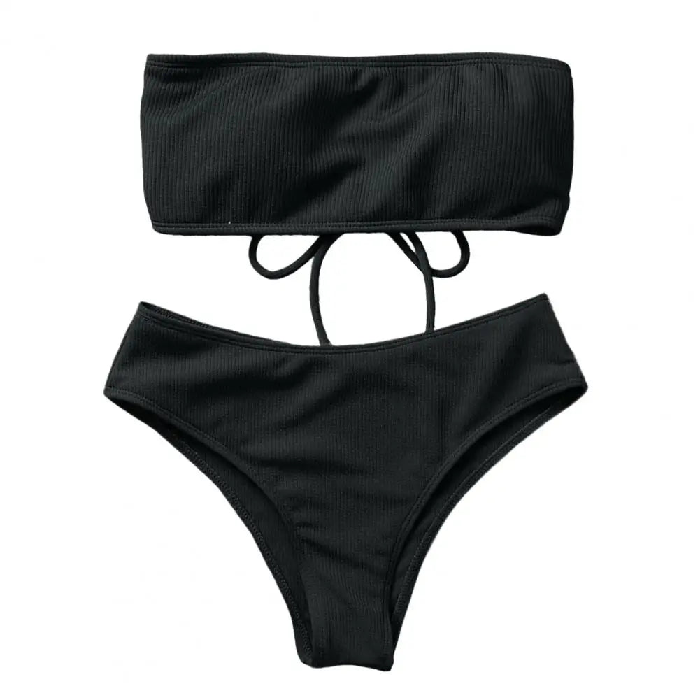 Women Beach Suit Chest Pad No Underwire High Waist Bathing Two-piece Set Bandeau Swimming Trunks Split Bikini Set Beachwear 80%