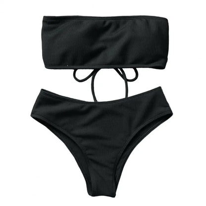 Women Beach Suit Chest Pad No Underwire High Waist Bathing Two-piece Set Bandeau Swimming Trunks Split Bikini Set Beachwear 80%