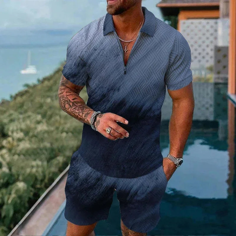 Completo da uomo composto da polo con cerniera, tinta unita, stampa 3D sfumata, colletto polo e pantaloncini. Abbigliamento estivo oversize per le vacanze alle Hawaii.