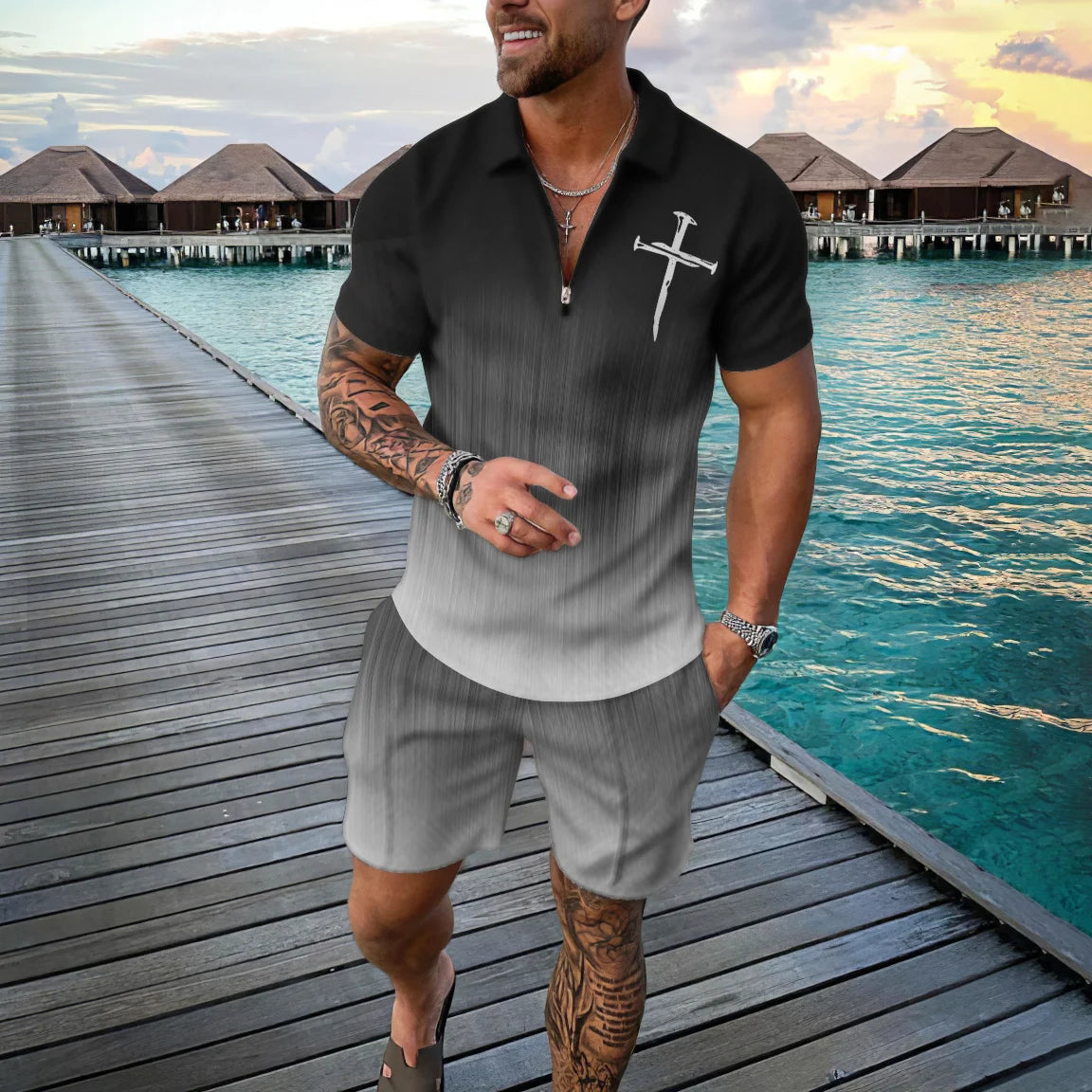 Completo estivo da uomo con stampa 3D, composto da polo con cerniera e pantaloncini, 2 pezzi, stile boho geometrico, abbigliamento per le vacanze.