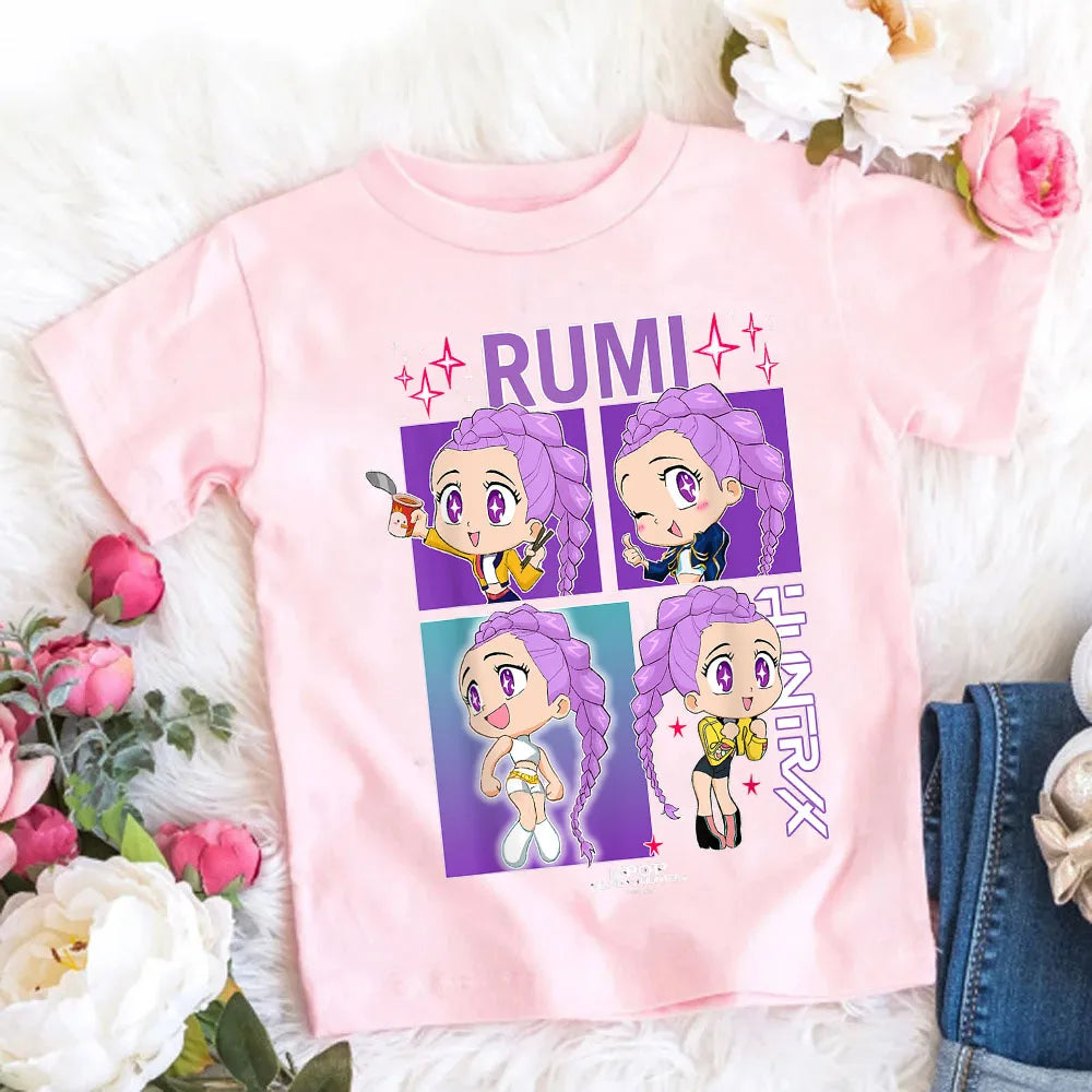 2026 Maglietta per bambine in morbido cotone con stampa del film KPop Demon Hunters - Regali per i fan - Abbigliamento per bambini - Top casual alla moda