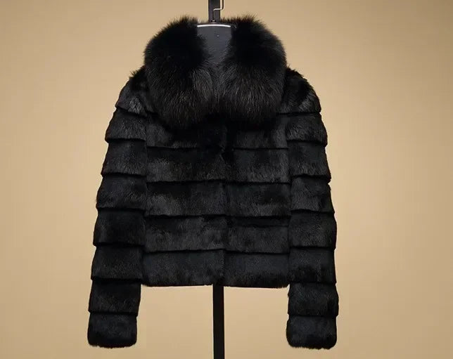 Giacca di pelliccia con collo in pelliccia di volpe naturale da donna, giacca di pelliccia di volpe a pelo intero, gilet di pelliccia di coniglio invernale, nuovo cappotto di vera pelliccia di coniglio da donna