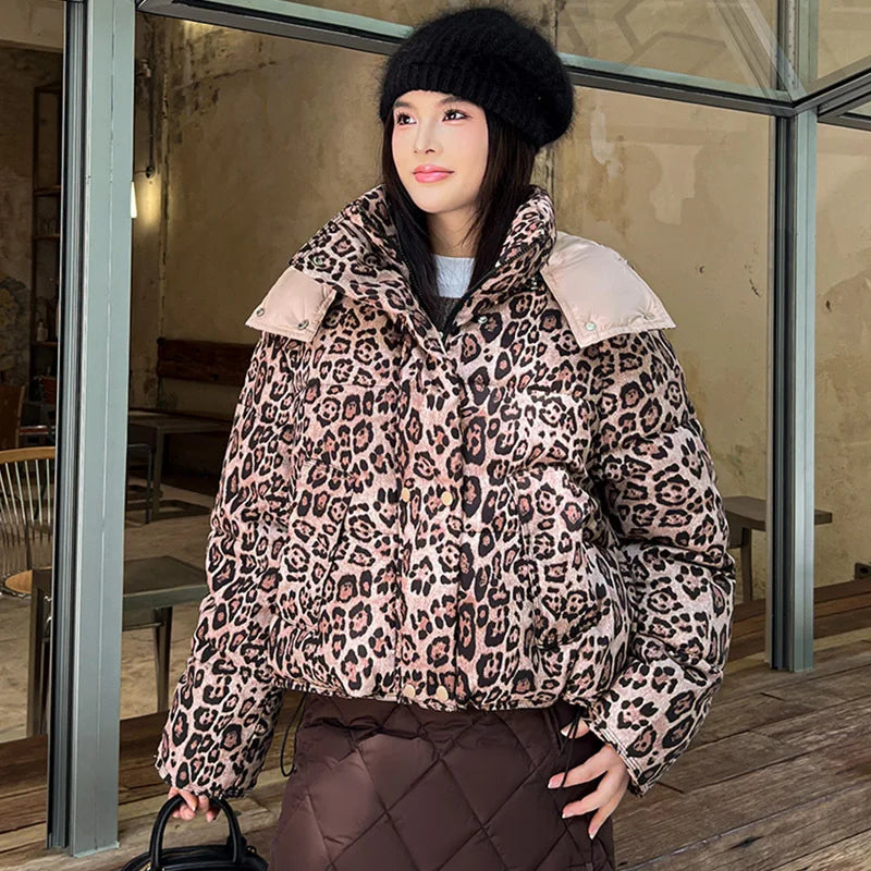 American Retro Short Cotton Jacket Women's Leopard Print Loose Hooded Padded Clothes Fashion Stand Collar Thickened Quilted Coat